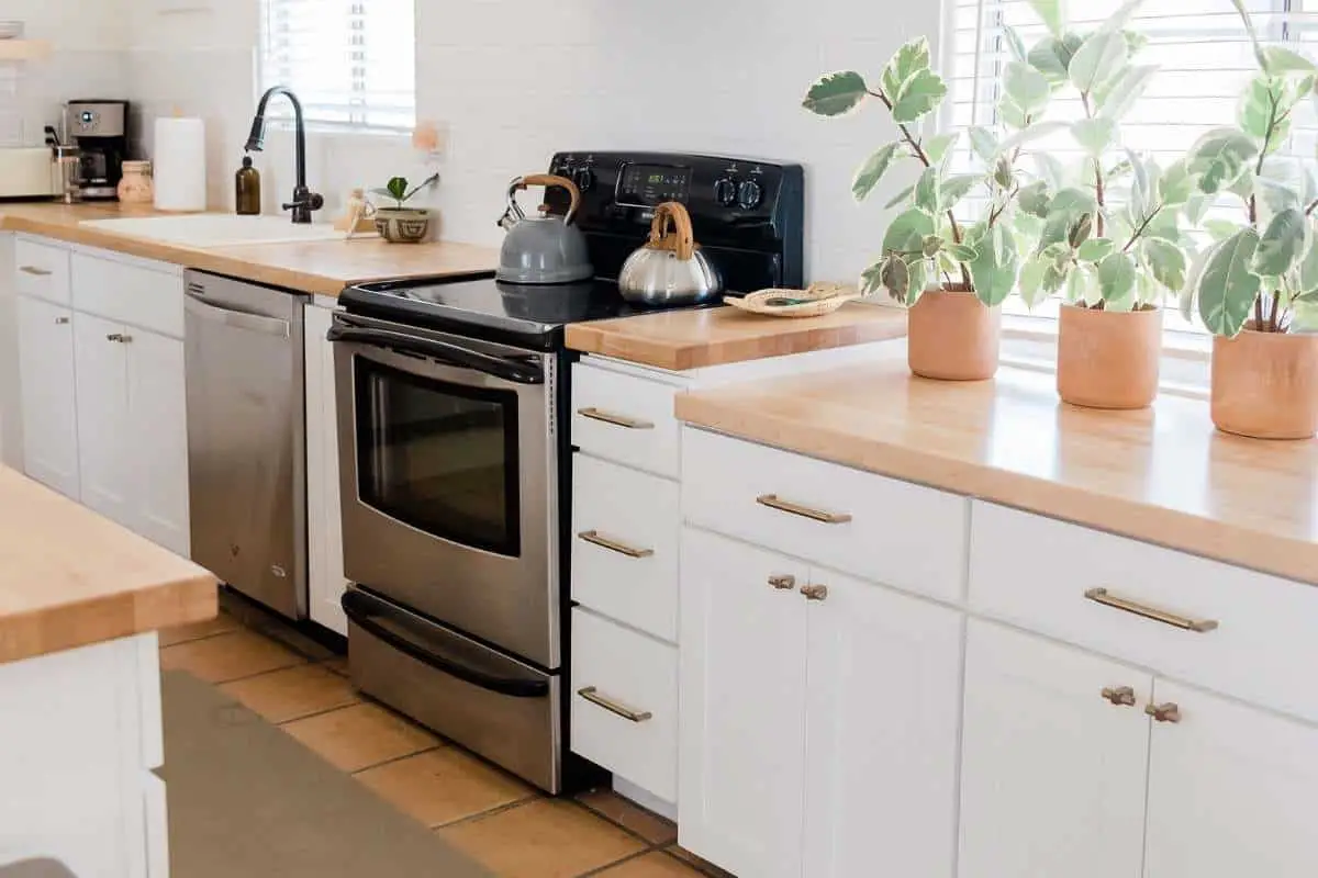 wooden kitchen counter with plants