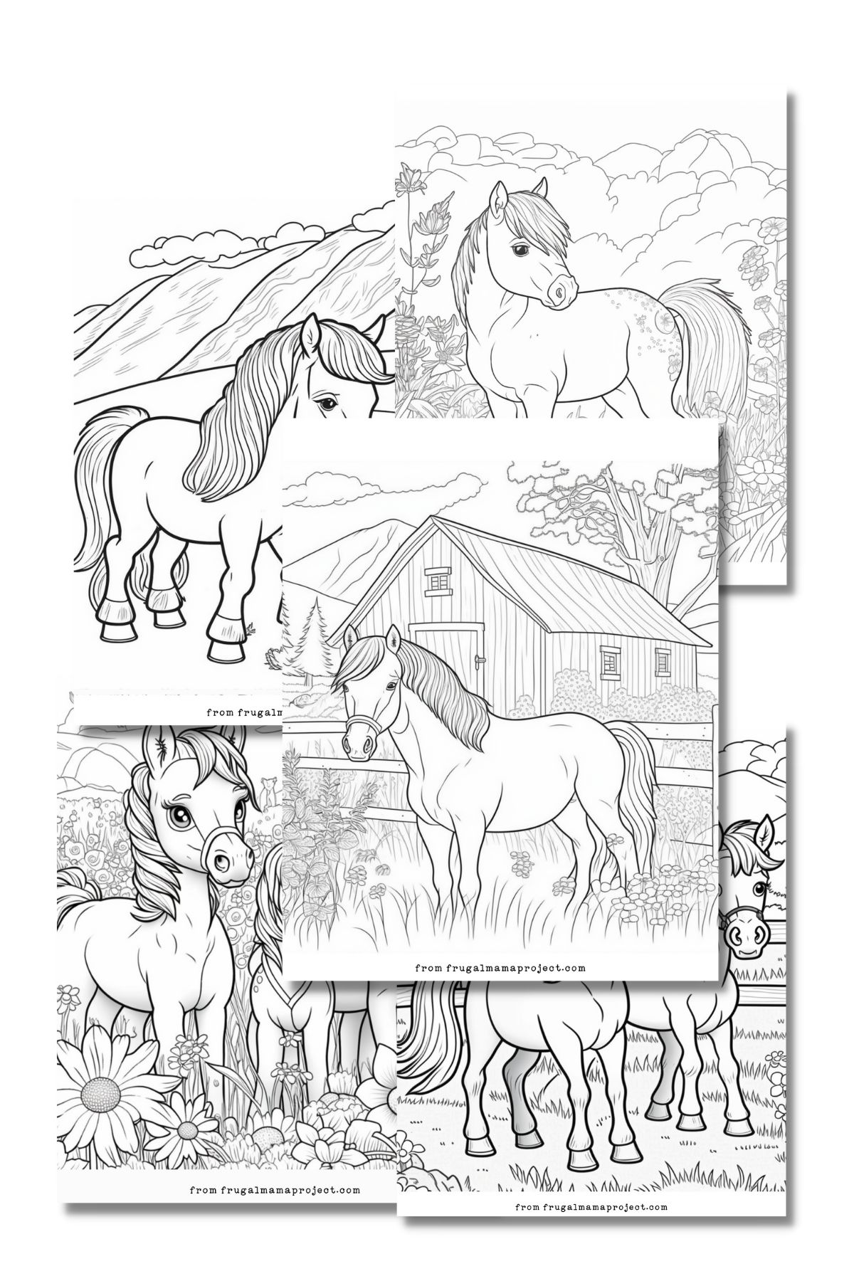 mockup of 5 pony coloring pages.