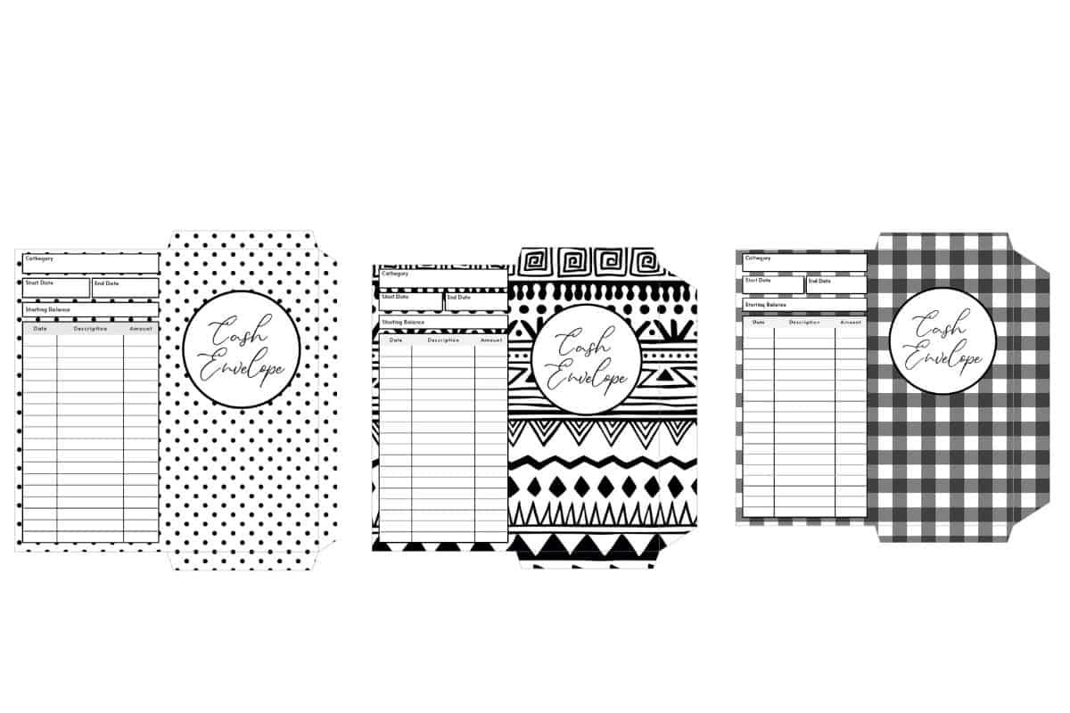 mockup of 3 black and white printable cash envelopes