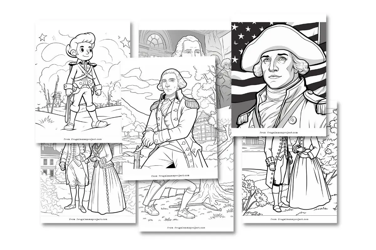 mockup of 7 coloring pages featuring george washington