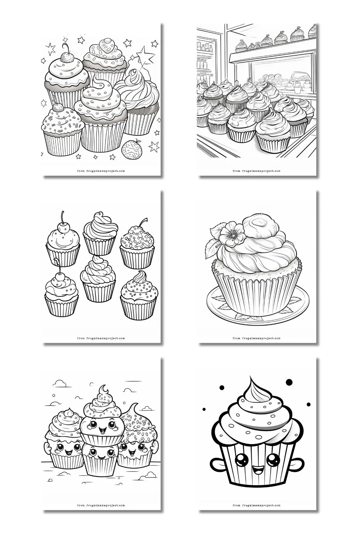 mockup of 6 free cupcake coloring pages