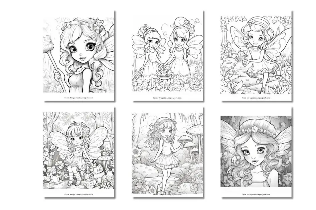 mockup of 6 fairy coloring pages
