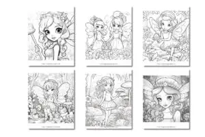 mockup of 6 fairy coloring pages