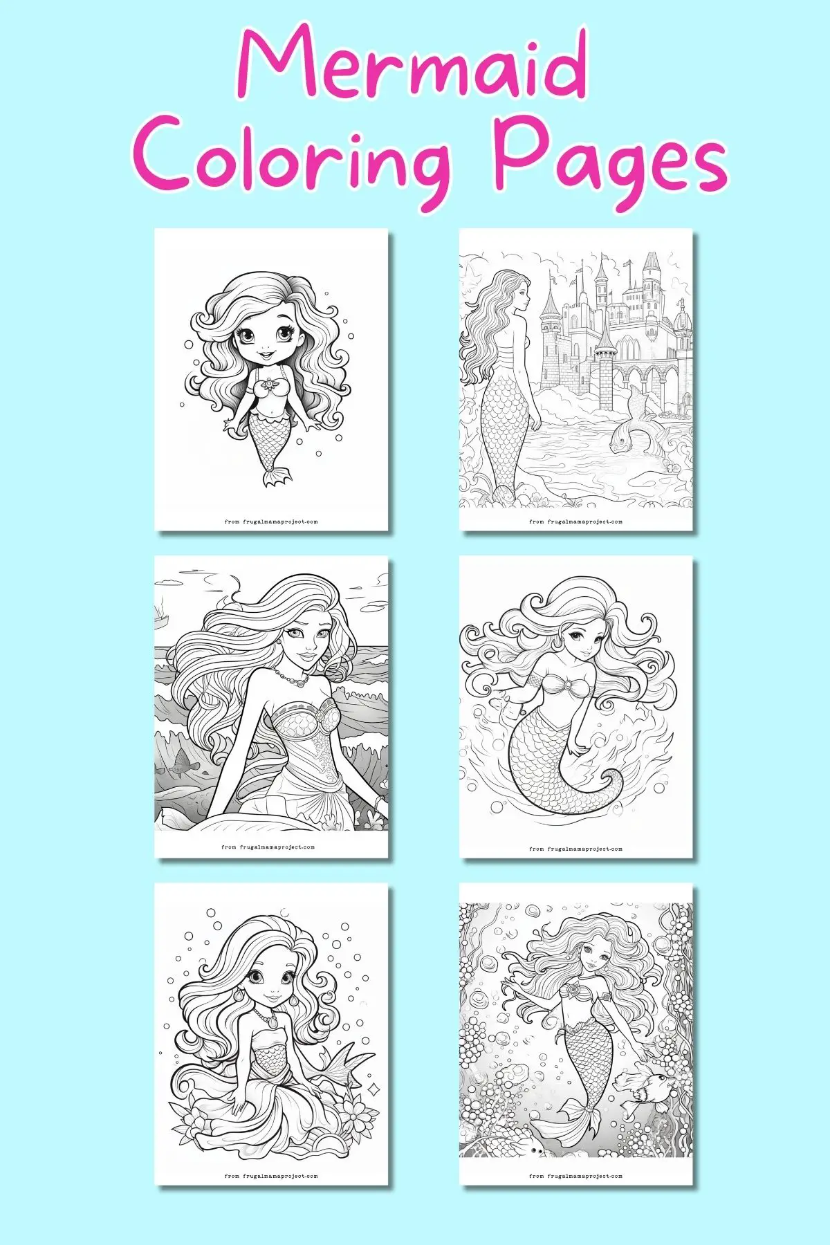 mockup of mermaid coloring sheets on blue background